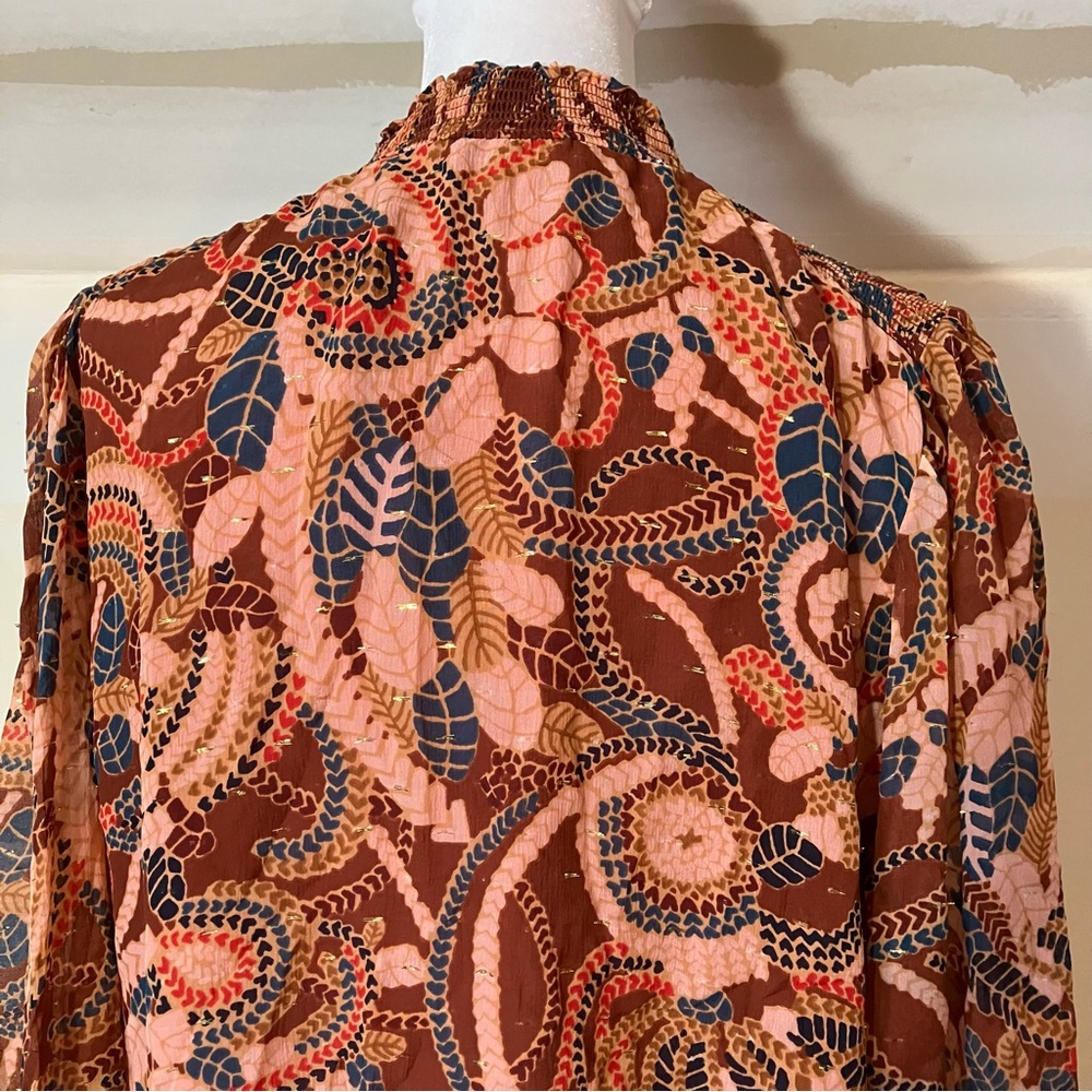 A.L.C. Silk Chiffon Metallic Thread Ginger Botanical Print Keyhole Blouse size 6 - Picture 9 of 10